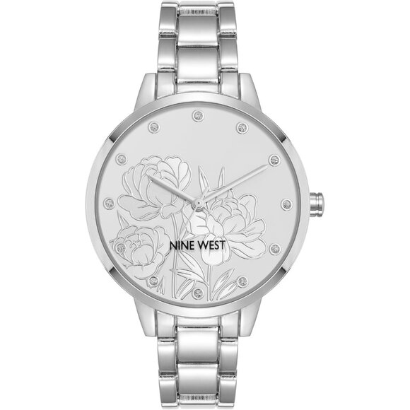 Nine West Women's Silver Floral Crystal Accented Bracelet Watch - Picture 1 of 4